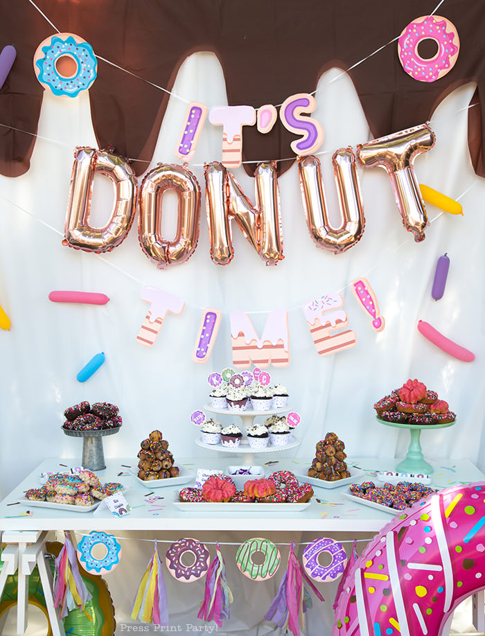 donut bar donut party ideas birthday theme. donut table with decorations Press Print Party