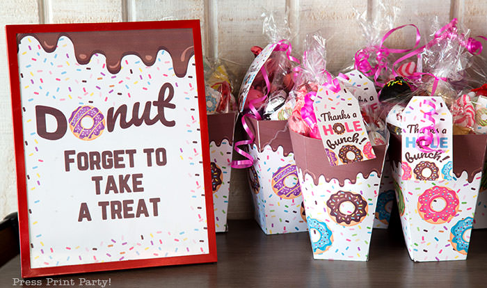 donut party favor and sign. donut forget to take a treat. Press Print Party donut party supplies