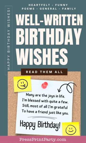 Birthday card with the headline "Well-Written Birthday Wishes" and a poem: "Many are the joys in life. I’m blessed with quite a few. Still, most of all I’m grateful to have a friend just like you." Adorned with smiley face drawings and text saying "Happy Birthday Wishes!.