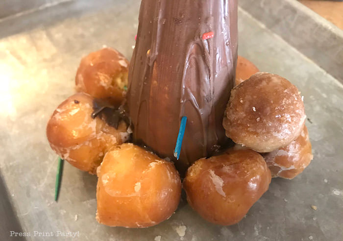 how to make a donut hole tower with a Styrofoam cone - Press Print Party