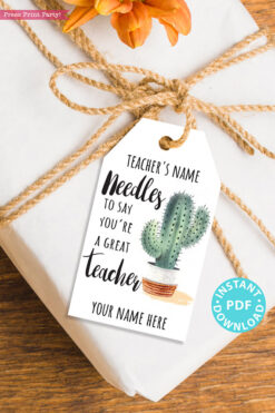 EDITABLE Teacher Appreciation Gift Tags Printable, Cactus, Teacher Thank You Gift Tags, Pun, Needles to Say Great Teacher, INSTANT DOWNLOAD