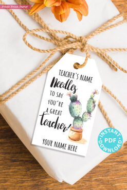 EDITABLE Teacher Appreciation Gift Tags Printable, Teacher Thank You Gift Tags, Cactus Pun, Needles to Say Great Teacher, INSTANT DOWNLOAD