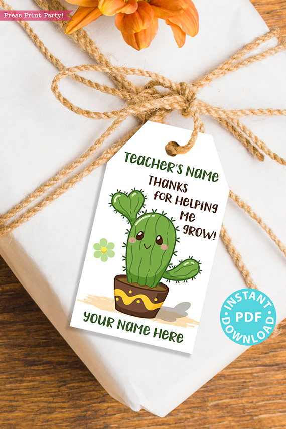 EDITABLE Teacher Appreciation Gift Tags Printable, Cactus Pun, Teacher Thank You Gift Tags, Thanks for helping me grow, INSTANT DOWNLOAD boygirl kawai cactus