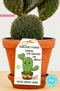 EDITABLE Teacher Appreciation Gift Tags Printable, Cactus Pun, Teacher Thank You Gift Tags, Thanks for helping me grow, INSTANT DOWNLOAD boygirl kawai cactus