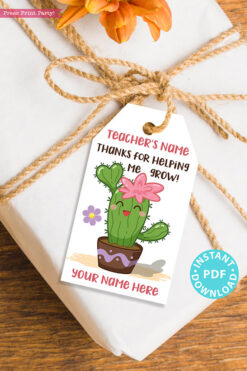 EDITABLE Teacher Appreciation Gift Tags Printable, Cactus Pun, Teacher Thank You Gift Tags, Thanks for helping me grow, INSTANT DOWNLOAD girl kawai cactus