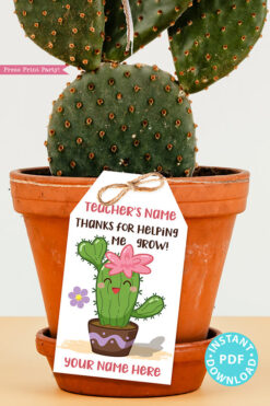 EDITABLE Teacher Appreciation Gift Tags Printable, Cactus Pun, Teacher Thank You Gift Tags, Thanks for helping me grow, INSTANT DOWNLOAD girl kawai cactus