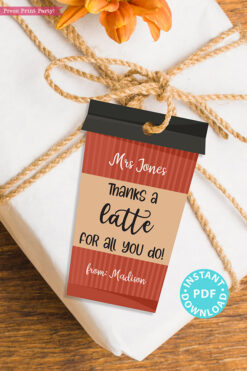 EDITABLE Teacher Appreciation Gift Tags Printable, Thank You Coffee Card for Staff, "Thanks a Latte for all you do!" INSTANT DOWNLOAD red coffee cup