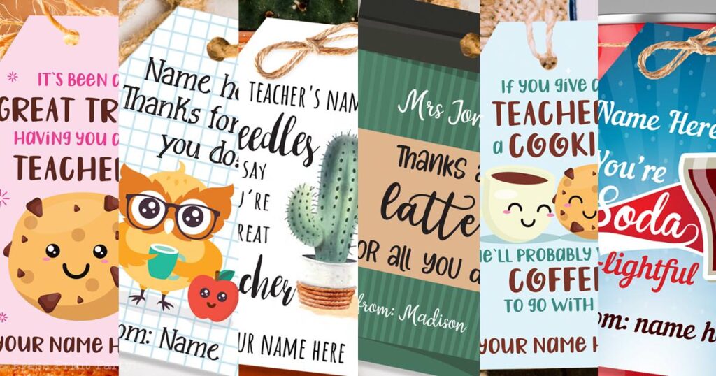 Teacher appreciation tags and cards printable instant download. It's been a great treat having you as a teacher, Thanks for owl you do, thanks a latte for all you do, if you give a teacher a cookie he'll want coffee to go with it, you're soda-lightful, press print party
