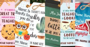 Teacher appreciation tags and cards printable instant download. It's been a great treat having you as a teacher, Thanks for owl you do, thanks a latte for all you do, if you give a teacher a cookie he'll want coffee to go with it, you're soda-lightful, press print party