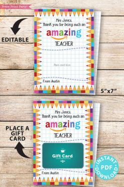 EDITABLE Amazon Gift Card Holder Teacher Gift Printable Template, 5x7", Thank you for being an Amazing Teacher, INSTANT DOWNLOAD TEacher appreciation card