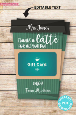 EDITABLE Coffee Gift Card Holder Teacher Gift Printable Template, 5x7", Staff, Employee, "Thanks a latte for all you do", INSTANT DOWNLOAD green coffee cup