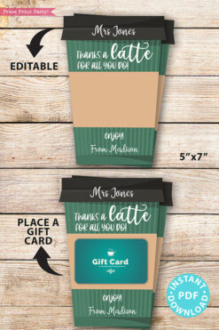 EDITABLE Coffee Gift Card Holder Teacher Gift Printable Template, 5x7", Staff, Employee, "Thanks a latte for all you do", INSTANT DOWNLOAD green coffee cup