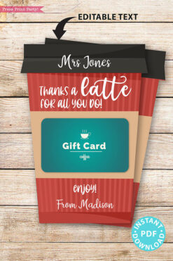 EDITABLE Coffee Gift Card Holder Teacher Gift Printable Template, 5x7", Staff, Employee, "Thanks a latte for all you do", INSTANT DOWNLOAD Red coffee cup