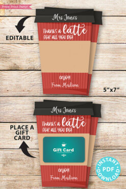 EDITABLE Coffee Gift Card Holder Teacher Gift Printable Template, 5x7", Staff, Employee, "Thanks a latte for all you do", INSTANT DOWNLOAD Red coffee cup