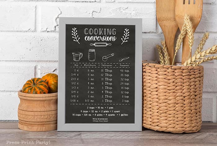 kitchen conversion chart free printable. Farmhouse style. Cooking conversion for how many oz in a qt and more. Black chalkboard design in a frame on counter in kitchen. Cooking measurements. Press Print Party!