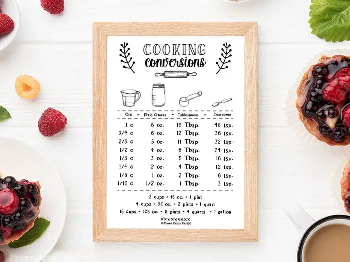 kitchen conversion chart free printable. Farmhouse style. Cooking conversion for how many oz in a qt and more. white farmhouse design in a frame on counter in kitchen. Cooking measurements and pastries. Press Print Party!
