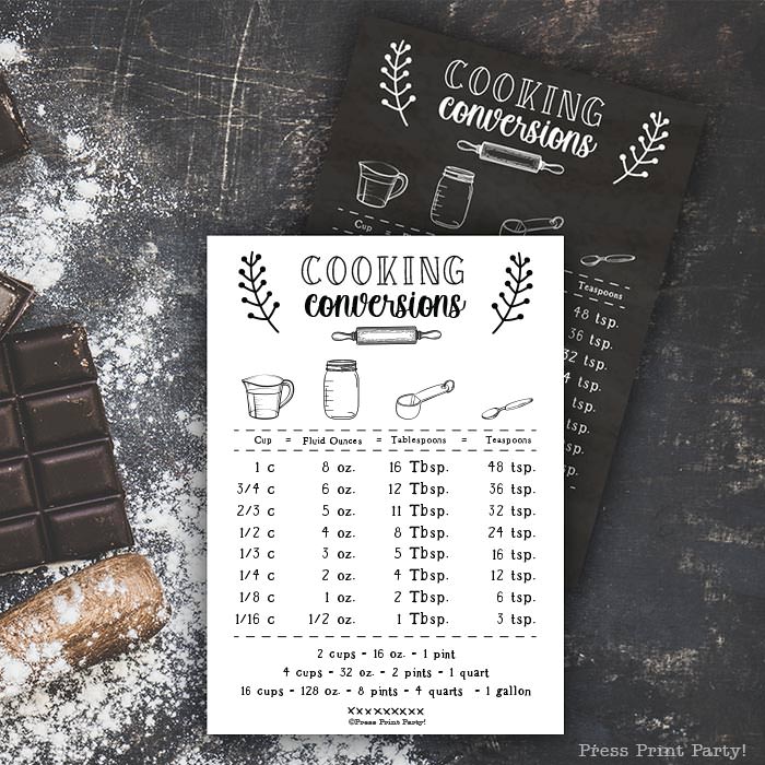 Kitchen conversion chart free printable. Farmhouse style. Cooking conversion for how many oz in a qt and more. Black chalkboard design and white design on counter in kitchen with cups, rolling pin, cupcake pan, spoon measurements.. Cooking measurements. Press Print Party!