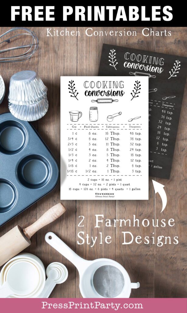 Kitchen conversion chart free printable. Farmhouse style. Cooking conversion for how many oz in a qt and more. Black chalkboard design and white design on counter in kitchen with cups, rolling pin, cupcake pan, spoon measurements.. Cooking measurements. Press Print Party!