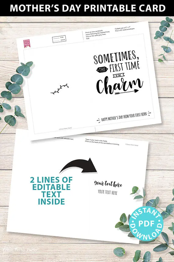 FUNNY Mother's Day Card Printable, 5x7", Mom card, First time is the charm, From Son, From Daughter, Editable Text Inside, INSTANT DOWNLOAD Press Print Party