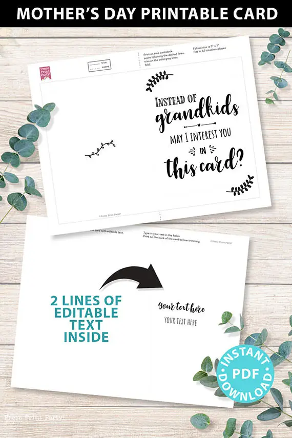 FUNNY Mother's Day Card Printable, 5x7", Mom card, Instead of Grandchildren, From Son, From Daughter, Editable Text Inside, INSTANT DOWNLOAD Press Print Party