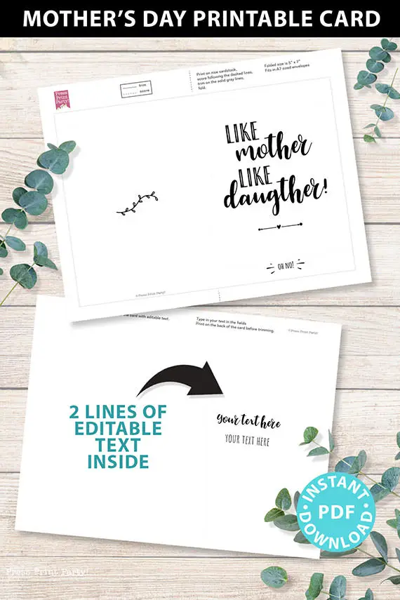 FUNNY Mother's Day Card Printable, 5x7", Mom card, Like mother like daughter - Oh no!, From Daughter, Editable Text Inside, INSTANT DOWNLOAD Press Print Party
