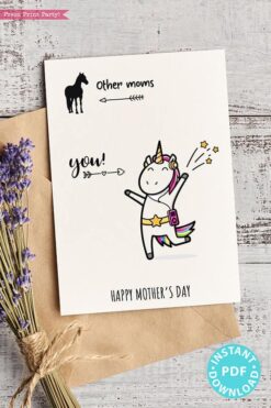FUNNY Mother's Day Card Printable, 5x7", Mom card, Unicorn mom, Horse Mom, From Son, From Daughter, Editable Text inside, INSTANT DOWNLOAD Press Print Party