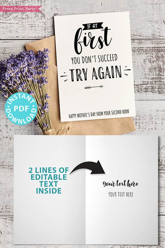 Funny Mother's Day Card Printable, If at First You Don't Succeed Try Again Funny Mother's Day Card Printable, If at First You Don't Succeed Try Again