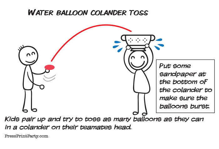 water balloon game colander toss. Press print Party