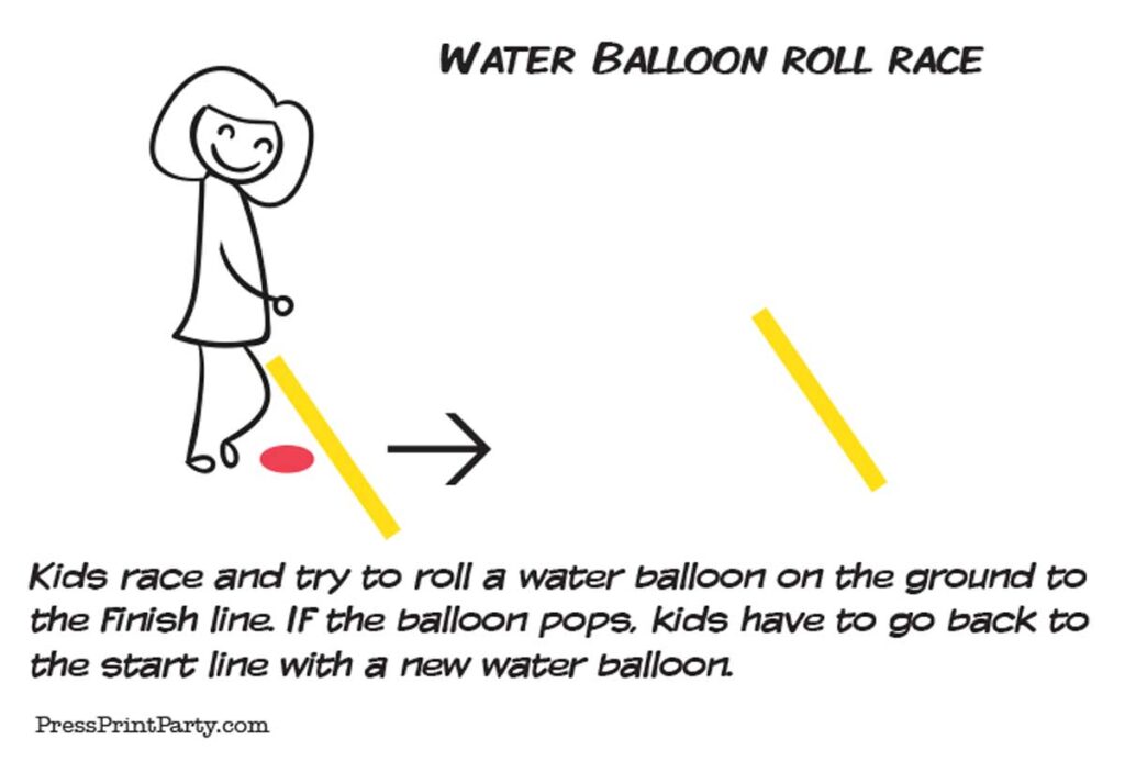 water balloon roll race girl at starting line. Press Print Party