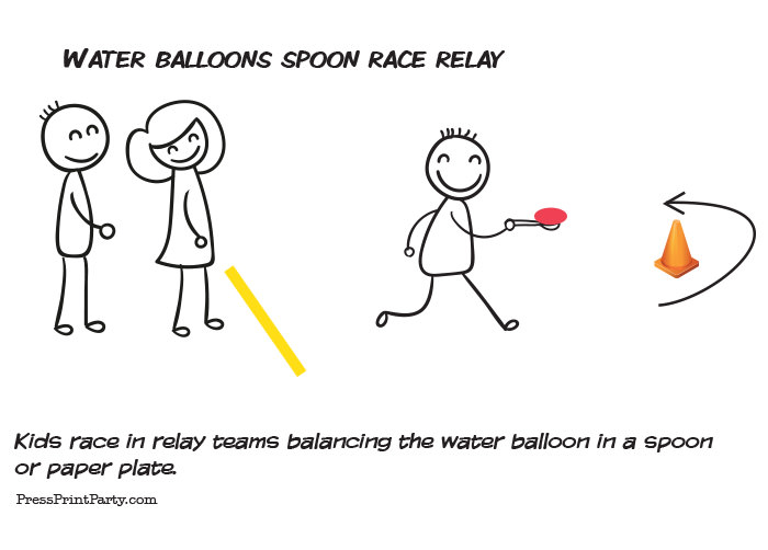 water balloons games for hot days. spoon race relay. Press Print Party!
