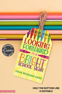 The Back to School Teacher Gift Tags Printable features a colorful pencil design and the phrase
