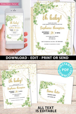 Baby Shower Invitation Template Bundle, Editable Invitation & Decorations Printables, Eucalyptus Green, Gender Neutral set INSTANT DOWNLOAD Press Print Party