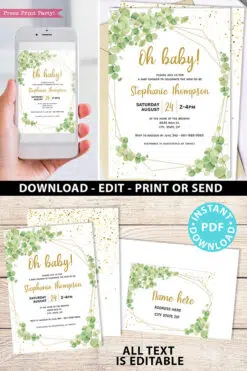 Baby Shower Invitation Template Bundle, Editable Invitation & Decorations Printables, Eucalyptus Green, Gender Neutral set INSTANT DOWNLOAD Press Print Party