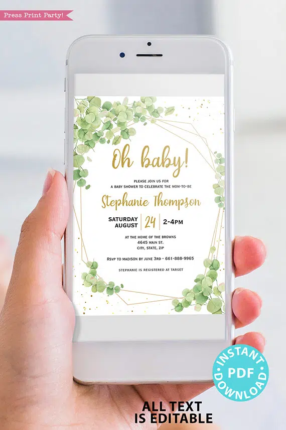 Baby Shower Invitation Template Bundle, Editable Invitation & Decorations Printables, Eucalyptus Green, Gender Neutral set INSTANT DOWNLOAD Press Print Party digital invitation