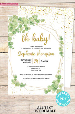 Baby Shower Invitation Template Bundle, Editable Invitation & Decorations Printables, Eucalyptus Green, Gender Neutral set INSTANT DOWNLOAD Press Print Party