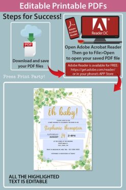 Baby Shower Invitation Template Bundle, Editable Invitation & Decorations Printables, Eucalyptus Green, Gender Neutral set INSTANT DOWNLOAD Press Print Party