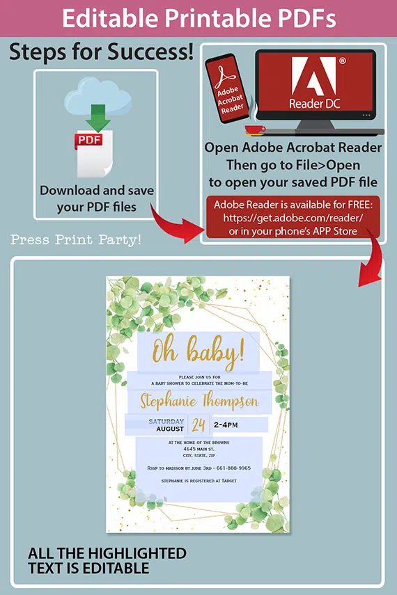 Baby Shower Invitation Template Bundle, Editable Invitation & Decorations Printables, Eucalyptus Green, Gender Neutral set INSTANT DOWNLOAD Press Print Party