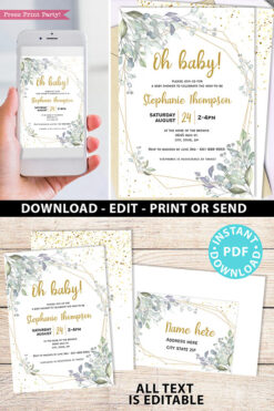 Baby Shower Invitation Template Bundle, Editable Invitation & Decorations Printables, Modern Greenery Gender Neutral, INSTANT DOWNLOAD Press Print Party
