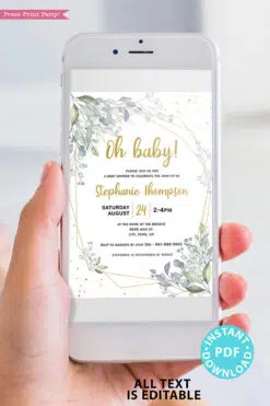 Baby Shower Invitation Template Bundle, Editable Invitation & Decorations Printables, Modern Greenery Gender Neutral, INSTANT DOWNLOAD Press Print Party didgital invitation