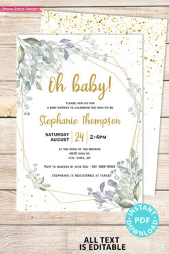 Baby Shower Invitation Template Bundle, Editable Invitation & Decorations Printables, Modern Greenery Gender Neutral, INSTANT DOWNLOAD Press Print Party