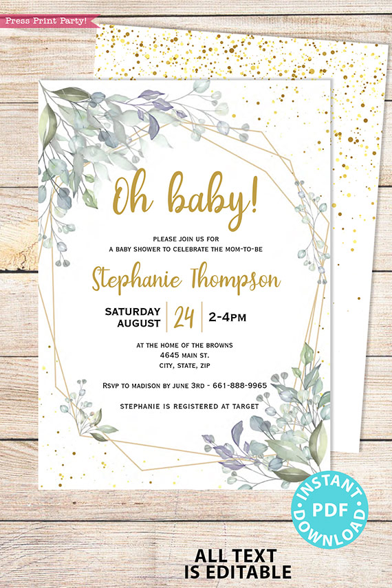 Baby Shower Invitation Template Bundle, Editable Invitation & Decorations Printables, Modern Greenery Gender Neutral, INSTANT DOWNLOAD Press Print Party