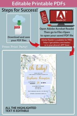 Baby Shower Invitation Template Bundle, Editable Invitation & Decorations Printables, Modern Greenery Gender Neutral, INSTANT DOWNLOAD Press Print Party