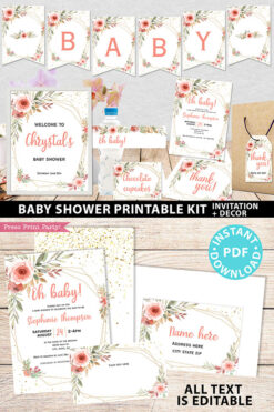 Baby Shower Invitation Template Bundle, Editable Invitation & Decorations Printables, Blush Peach Floral Sweet Baby Girl, INSTANT DOWNLOAD Press Print Party