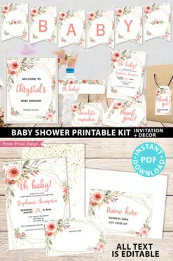 Baby Shower Invitation Template Bundle, Editable Invitation & Decorations Printables, Blush Peach Floral Sweet Baby Girl, INSTANT DOWNLOAD Press Print Party