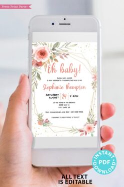 Baby Shower Invitation Template Bundle, Editable Invitation & Decorations Printables, Blush Peach Floral Sweet Baby Girl, INSTANT DOWNLOAD Press Print Party