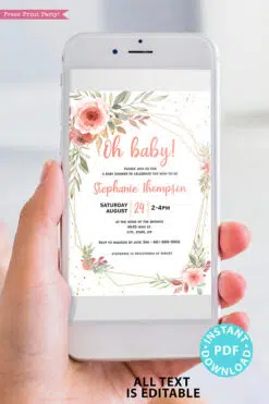 Baby Shower Invitation Template Bundle, Editable Invitation & Decorations Printables, Blush Peach Floral Sweet Baby Girl, INSTANT DOWNLOAD Press Print Party