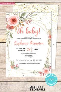 Baby Shower Invitation Template Bundle, Editable Invitation & Decorations Printables, Blush Peach Floral Sweet Baby Girl, INSTANT DOWNLOAD Press Print Party