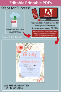 Baby Shower Invitation Template Bundle, Editable Invitation & Decorations Printables, Blush Peach Floral Sweet Baby Girl, INSTANT DOWNLOAD Press Print Party