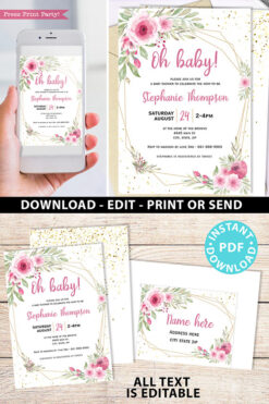 Baby Shower Invitation Template and decoration Bundle, Editable Invitation & Decorations Printables, Blush Pink Floral Sweet Baby Girl, INSTANT DOWNLOAD Press Print Party