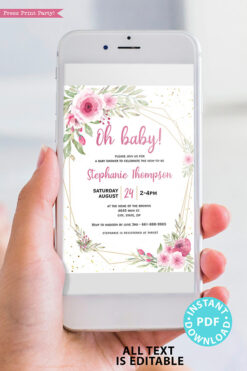 Baby Shower Invitation Template and decoration Bundle, Editable Invitation & Decorations Printables, Blush Pink Floral Sweet Baby Girl, INSTANT DOWNLOAD Press Print Party